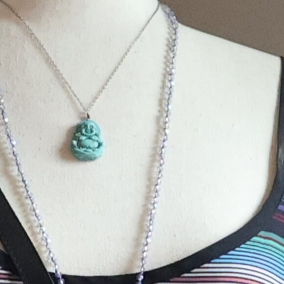 Vintage Carved Jade Buddha Necklace Silver Boho - Picture 6 of 7